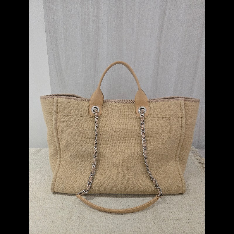 Chanel 香奈兒 芯片款 燕麥奶茶色 帆布沙灘包 托特包 可肩背 手提-12