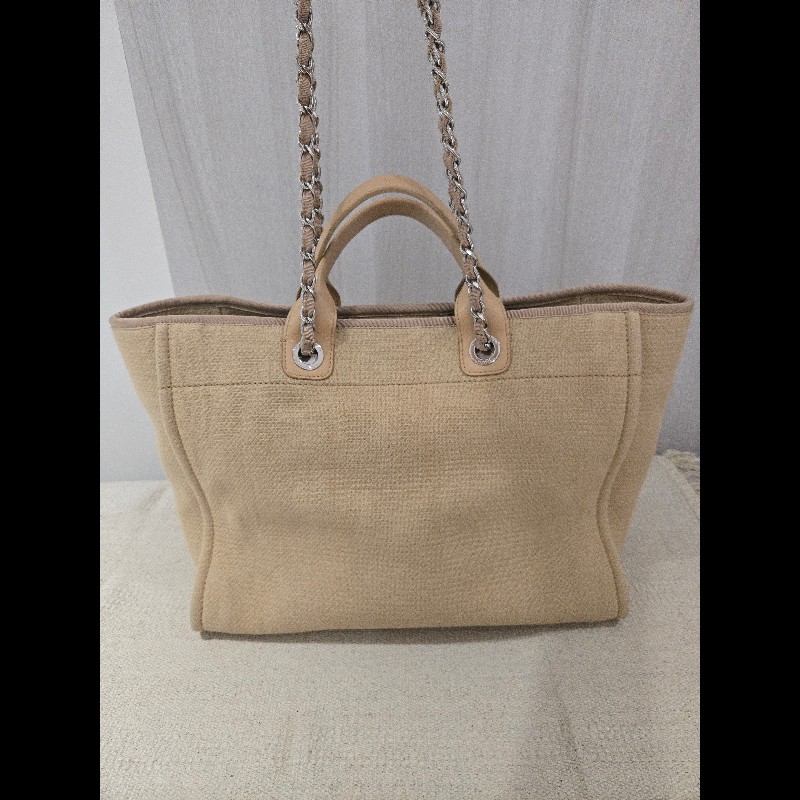 Chanel 香奈兒 芯片款 燕麥奶茶色 帆布沙灘包 托特包 可肩背 手提-13