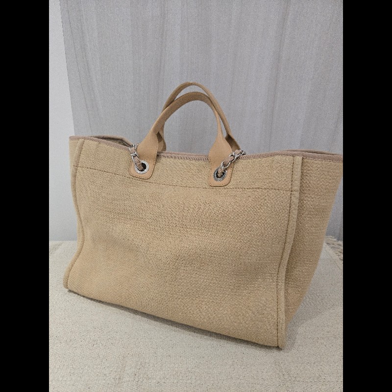 Chanel 香奈兒 芯片款 燕麥奶茶色 帆布沙灘包 托特包 可肩背 手提-15