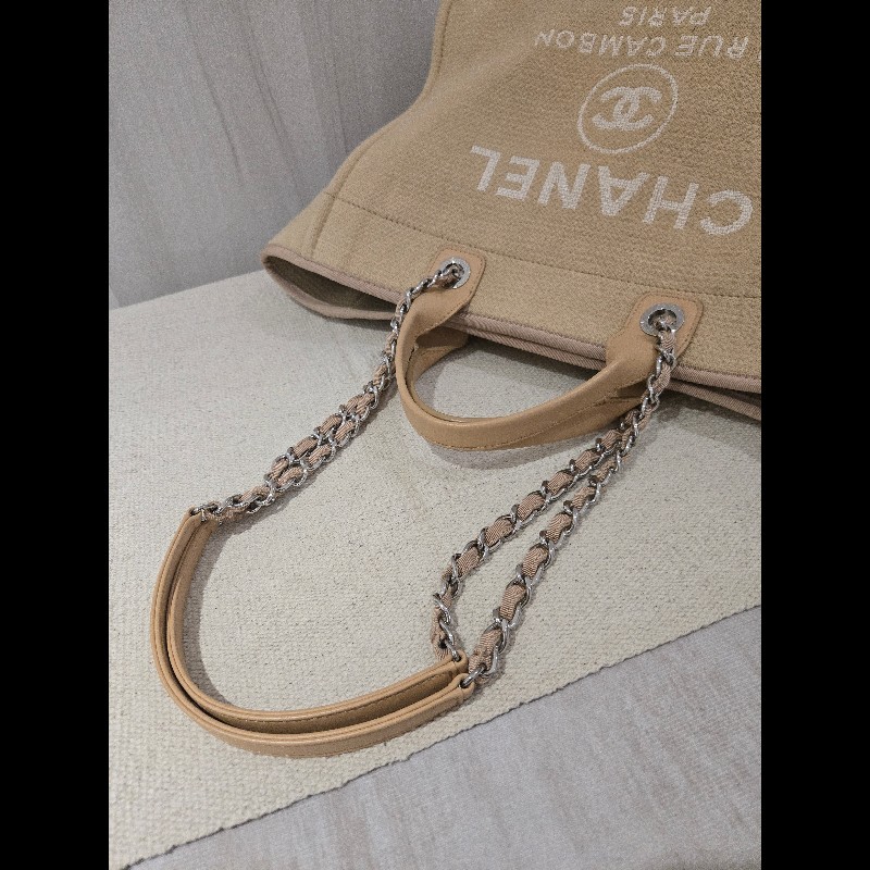 Chanel 香奈兒 芯片款 燕麥奶茶色 帆布沙灘包 托特包 可肩背 手提-16