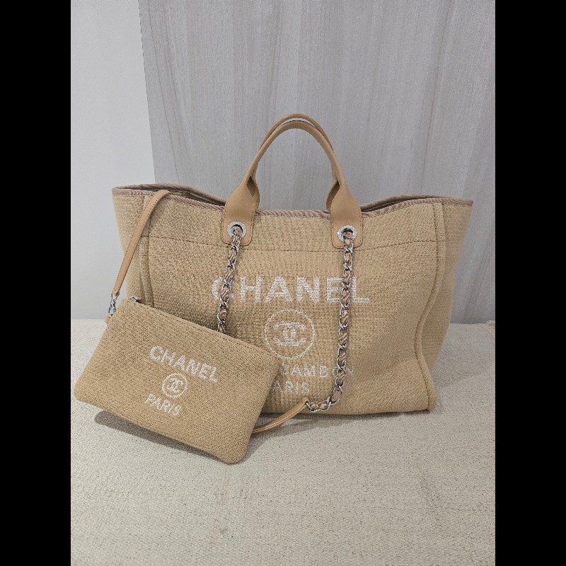 Chanel 香奈兒 芯片款 燕麥奶茶色 帆布沙灘包 托特包 可肩背 手提-17