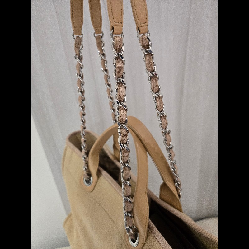 Chanel 香奈兒 芯片款 燕麥奶茶色 帆布沙灘包 托特包 可肩背 手提-20