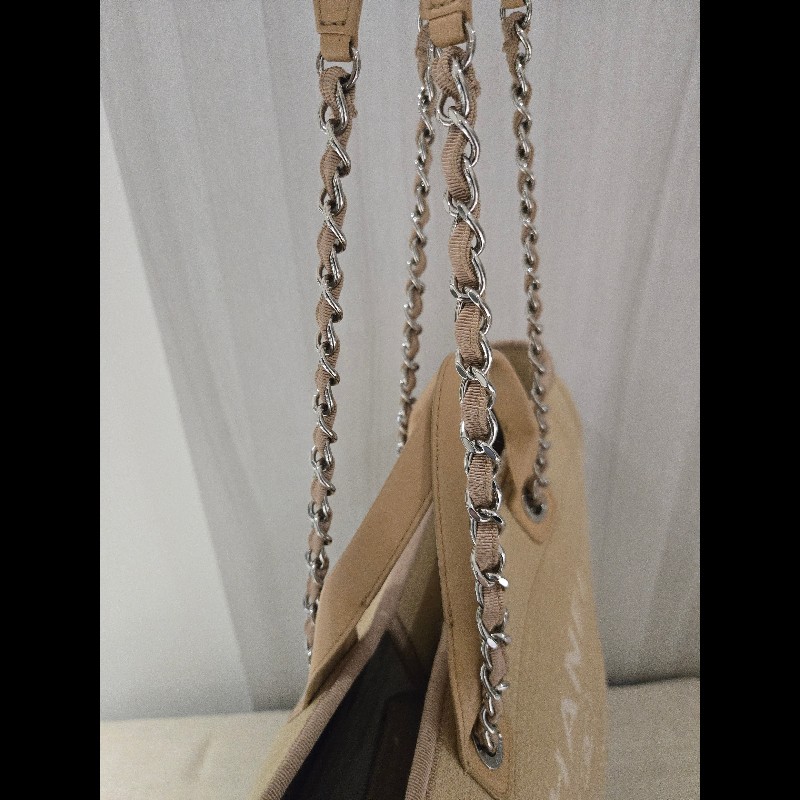 Chanel 香奈兒 芯片款 燕麥奶茶色 帆布沙灘包 托特包 可肩背 手提-21