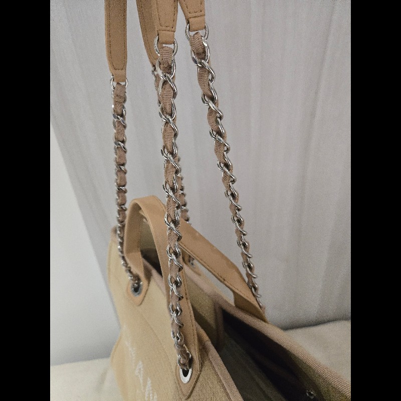 Chanel 香奈兒 芯片款 燕麥奶茶色 帆布沙灘包 托特包 可肩背 手提-22