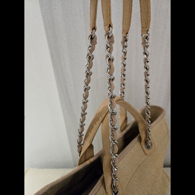 Chanel 香奈兒 芯片款 燕麥奶茶色 帆布沙灘包 托特包 可肩背 手提-23