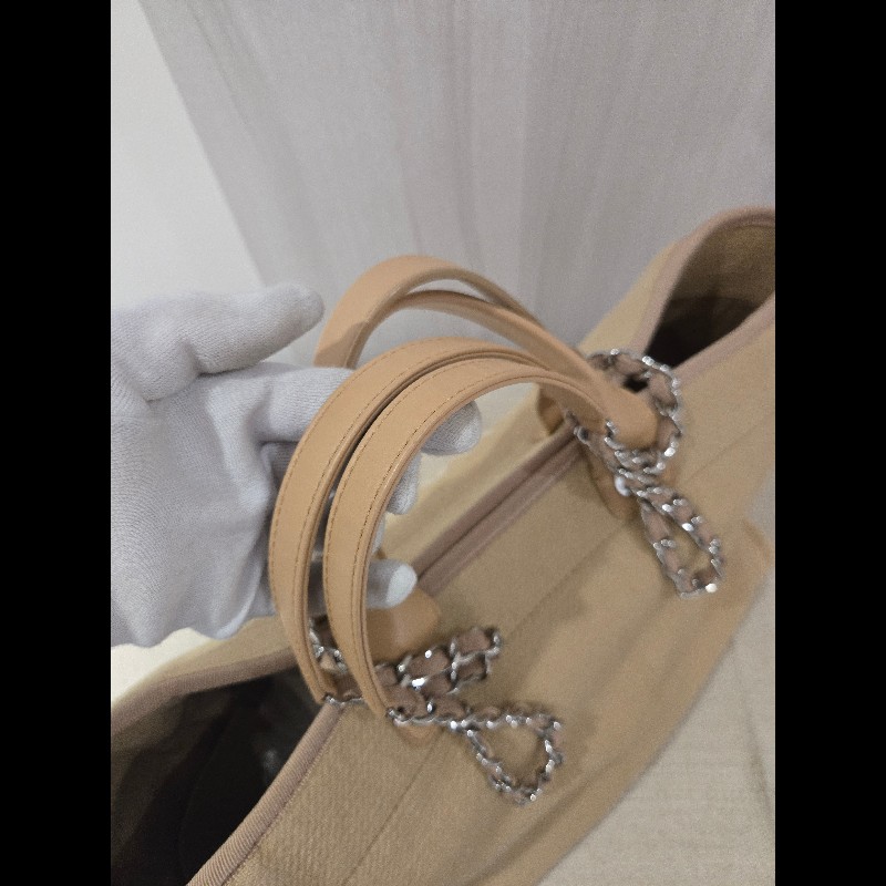 Chanel 香奈兒 芯片款 燕麥奶茶色 帆布沙灘包 托特包 可肩背 手提-25