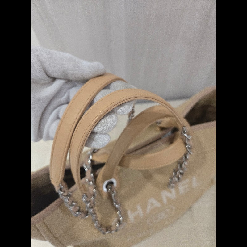 Chanel 香奈兒 芯片款 燕麥奶茶色 帆布沙灘包 托特包 可肩背 手提-26