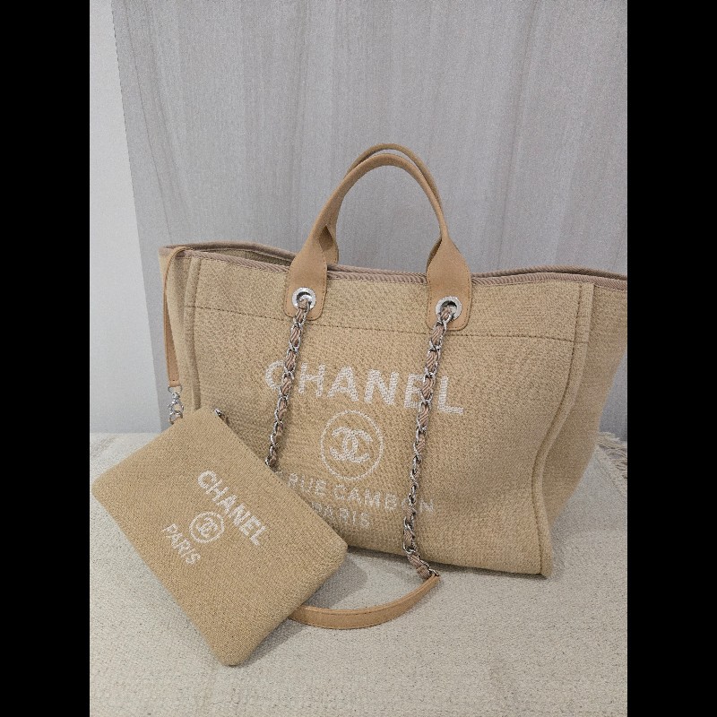 Chanel 香奈兒 芯片款 燕麥奶茶色 帆布沙灘包 托特包 可肩背 手提-27