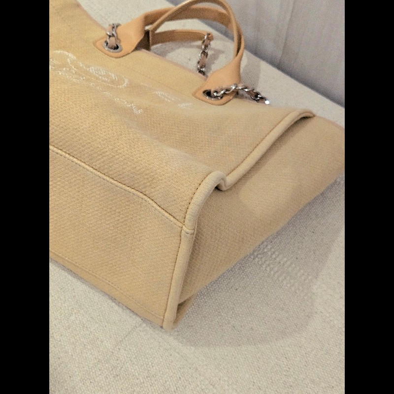 Chanel 香奈兒 芯片款 燕麥奶茶色 帆布沙灘包 托特包 可肩背 手提-31