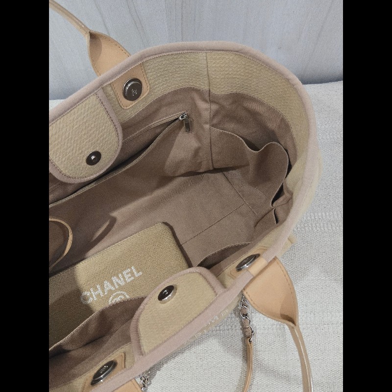 Chanel 香奈兒 芯片款 燕麥奶茶色 帆布沙灘包 托特包 可肩背 手提-32