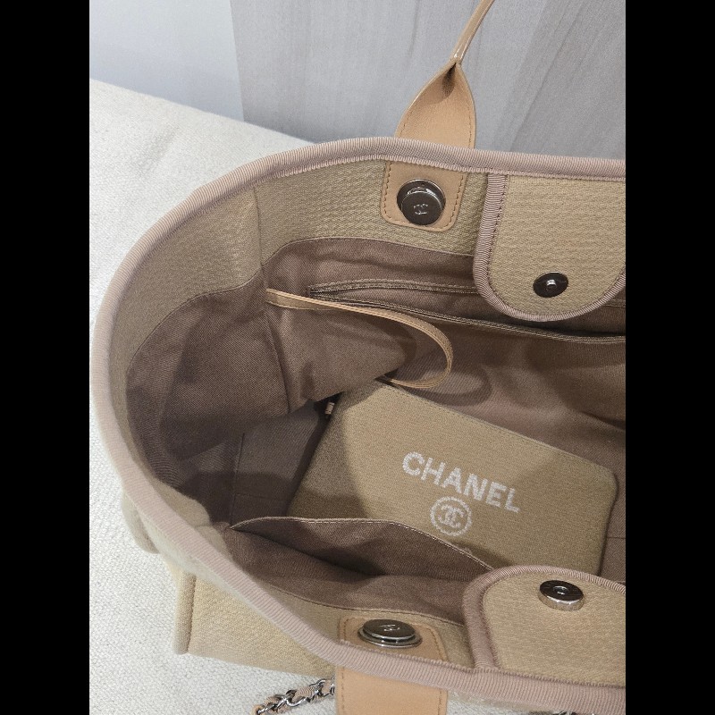 Chanel 香奈兒 芯片款 燕麥奶茶色 帆布沙灘包 托特包 可肩背 手提-33