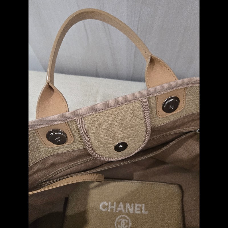 Chanel 香奈兒 芯片款 燕麥奶茶色 帆布沙灘包 托特包 可肩背 手提-36