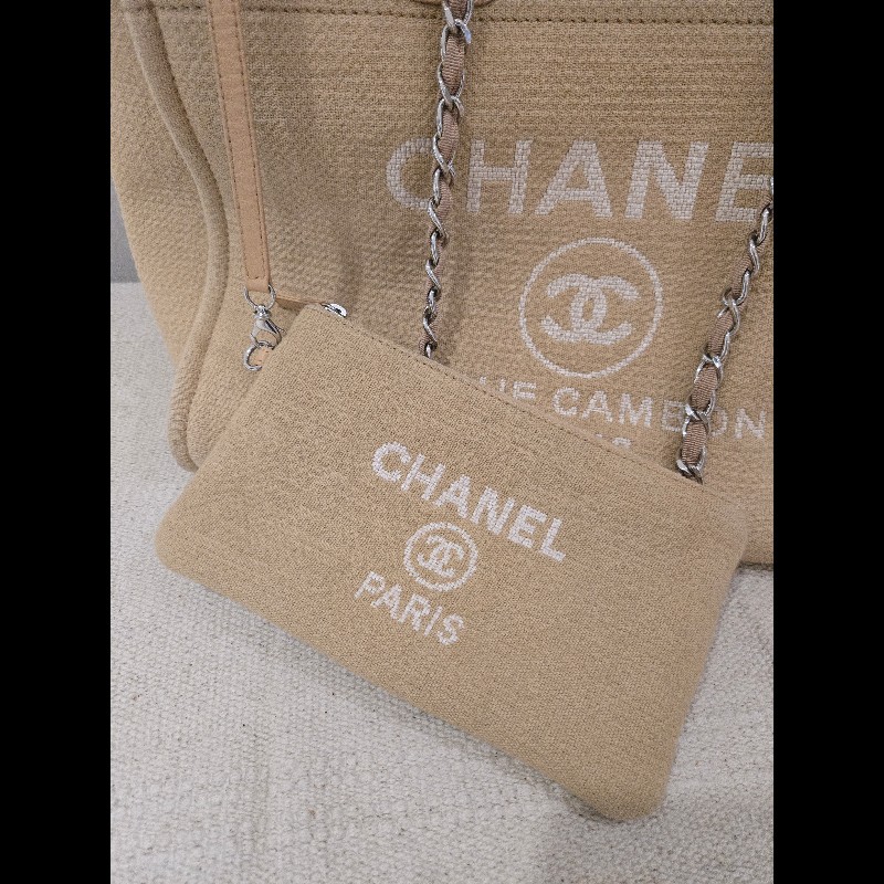 Chanel 香奈兒 芯片款 燕麥奶茶色 帆布沙灘包 托特包 可肩背 手提-38