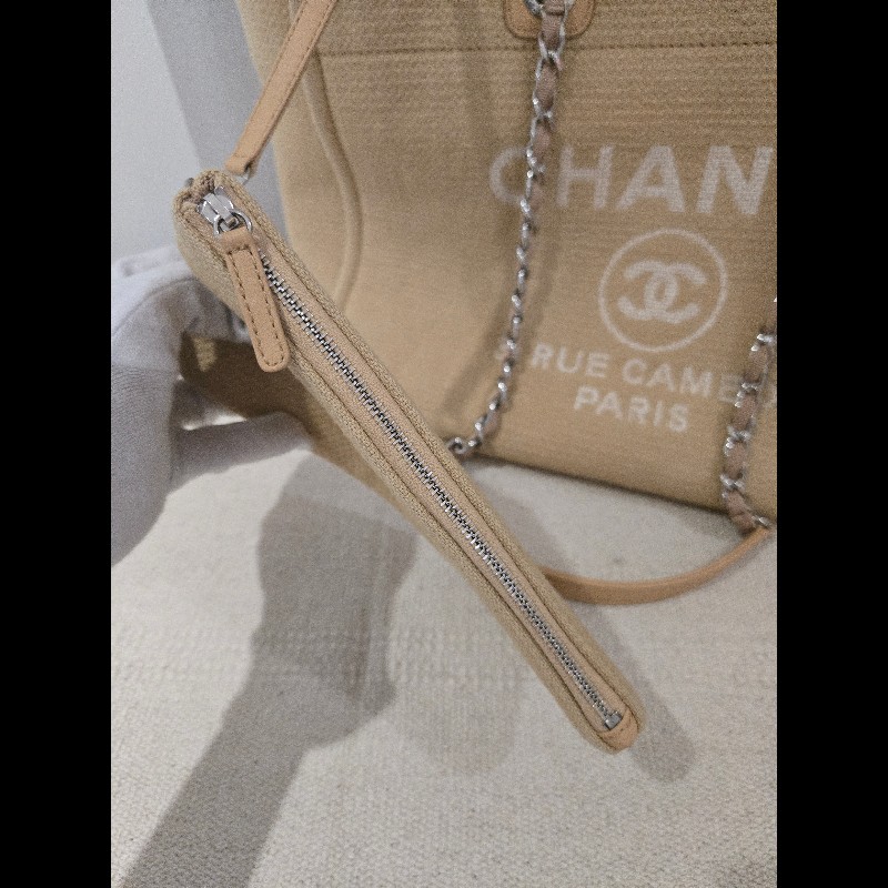 Chanel 香奈兒 芯片款 燕麥奶茶色 帆布沙灘包 托特包 可肩背 手提-39