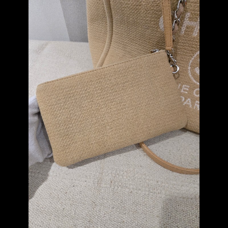 Chanel 香奈兒 芯片款 燕麥奶茶色 帆布沙灘包 托特包 可肩背 手提-40