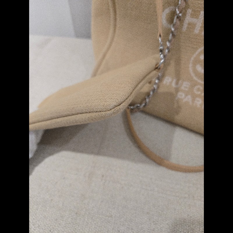 Chanel 香奈兒 芯片款 燕麥奶茶色 帆布沙灘包 托特包 可肩背 手提-42