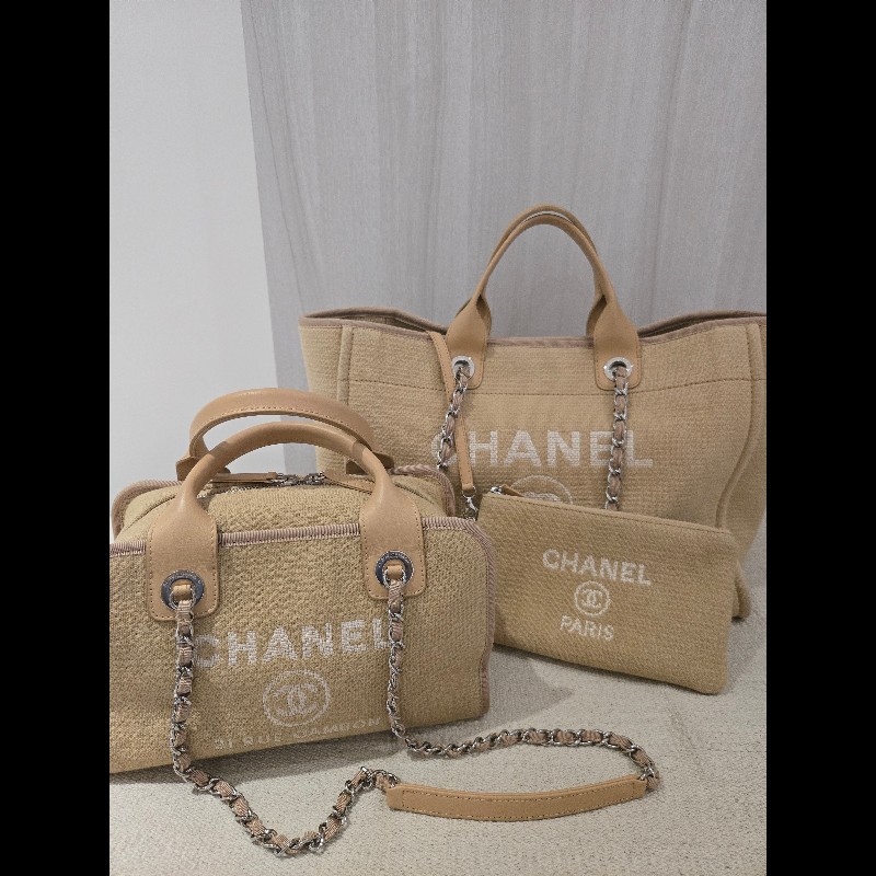 Chanel 香奈兒 芯片款 燕麥奶茶色 帆布沙灘包 托特包 可肩背 手提-44