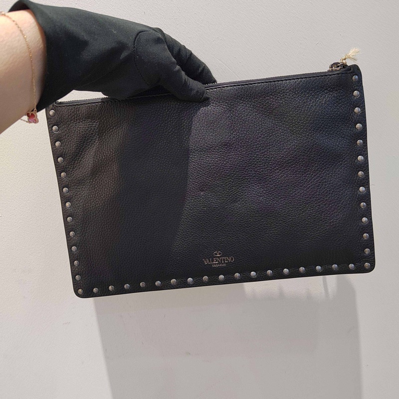 閒置新Valentino華倫天奴女士黑色柳釘大號手拿包，-5