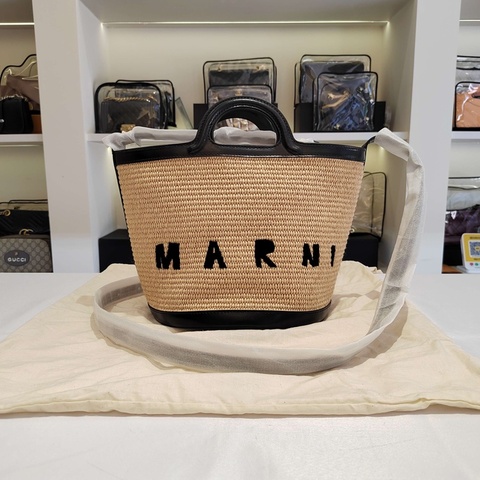閒置新Marni瑪尼·女士logo刺繡拉菲草編單肩包斜挎包