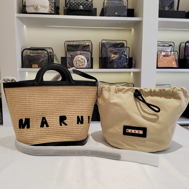 閒置新Marni瑪尼·女士logo刺繡拉菲草編單肩包斜挎包-5