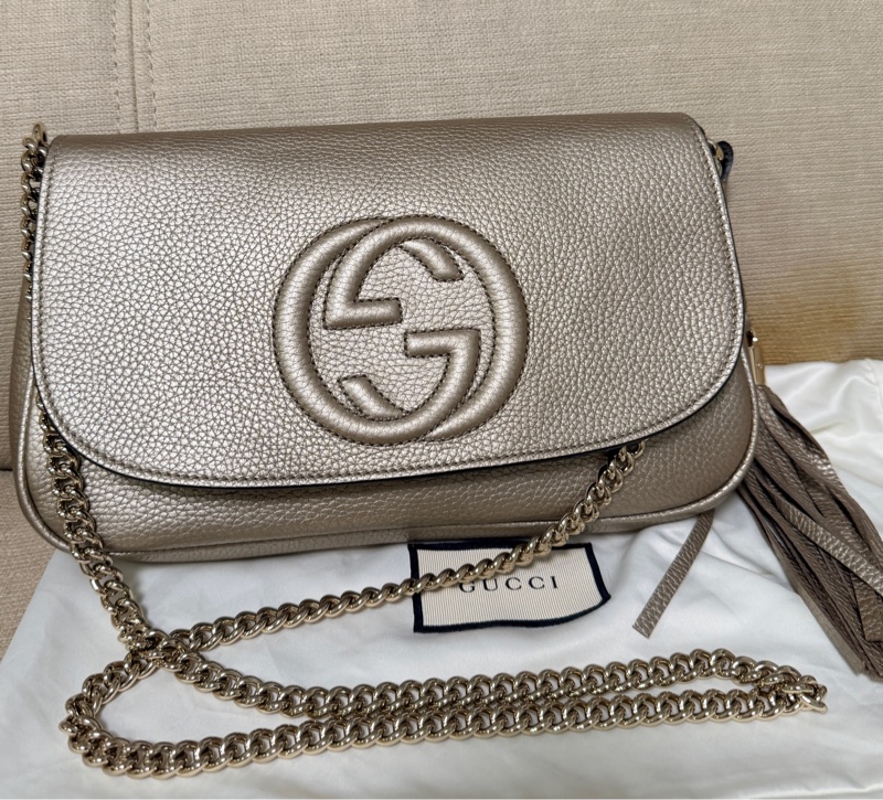 Gucci 專櫃正品 淡金色 SOHO 流蘇 鏈條包 經典款 斜背包-0