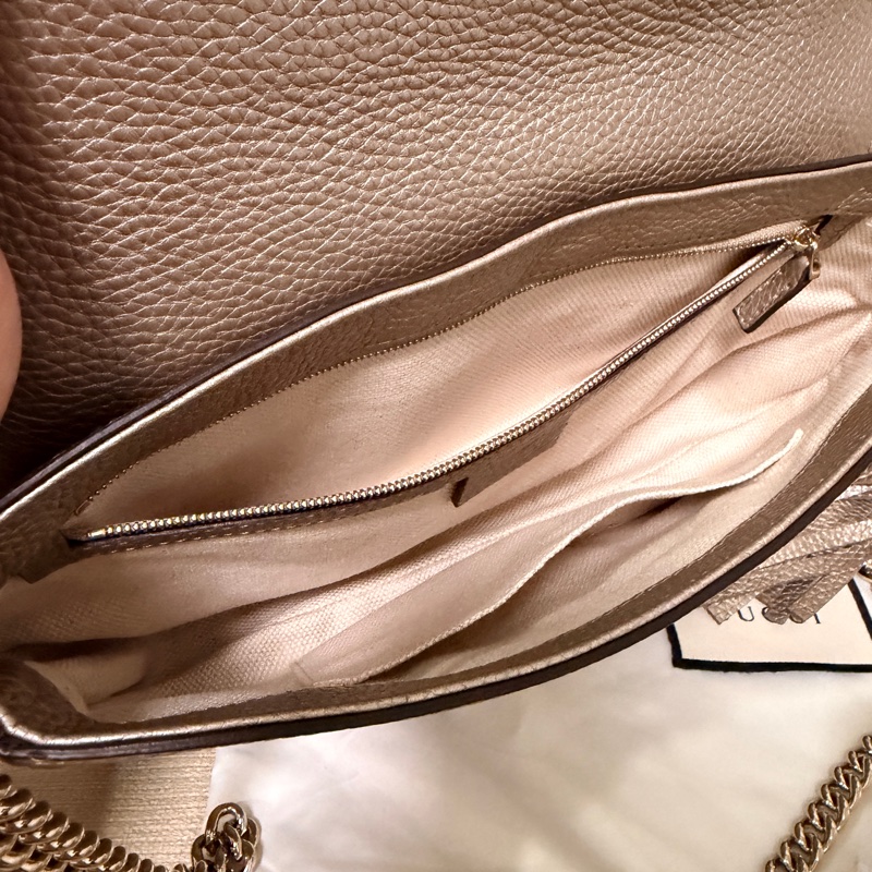 Gucci 專櫃正品 淡金色 SOHO 流蘇 鏈條包 經典款 斜背包-14