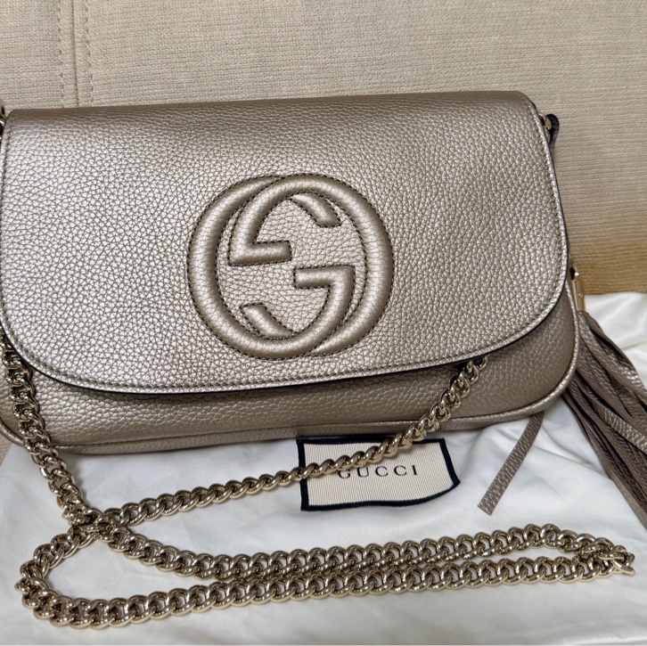 Gucci 專櫃正品 淡金色 SOHO 流蘇 鏈條包 經典款 斜背包-15