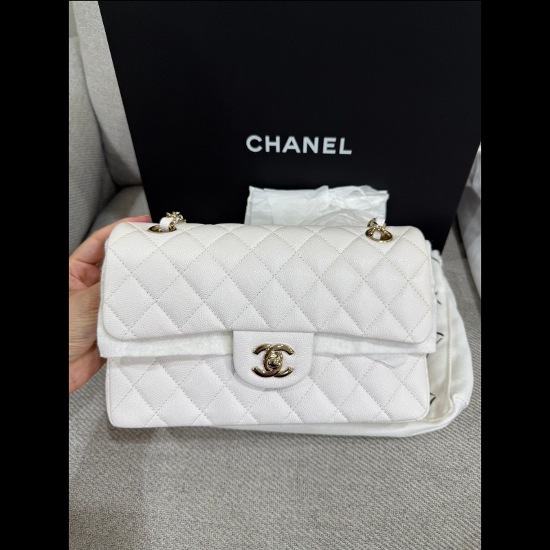 Chanel 經典 Cf23白荔枝皮淡金扣-0