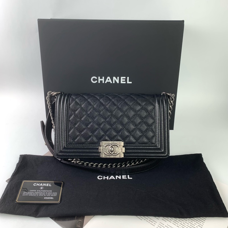 Chanel boy25荔枝皮黑銀-0