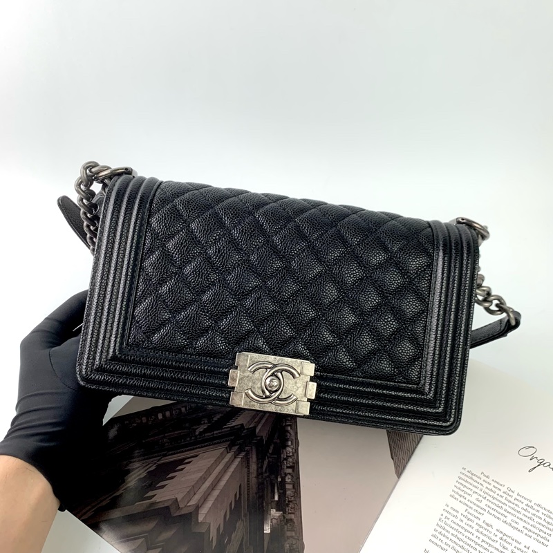 Chanel boy25荔枝皮黑銀-1