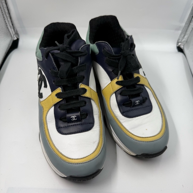 Chanel 香奈兒 運動休閒鞋 黑白綠拼色 38碼 拼皮材質 雙C標誌 🈚附件-1
