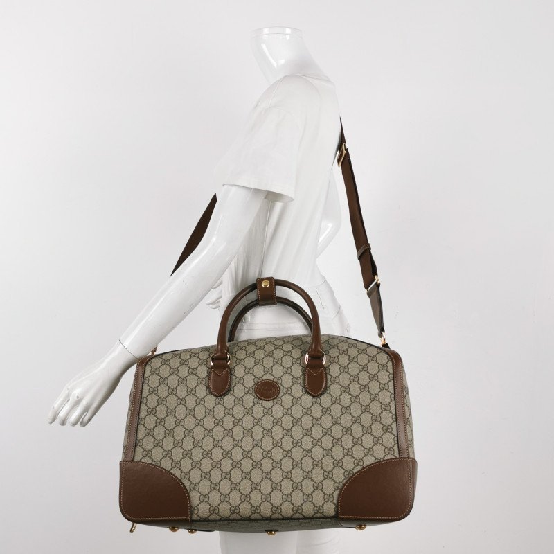 Gucci 牛皮雙G老花皮標Logo斜背包行李箱包-1