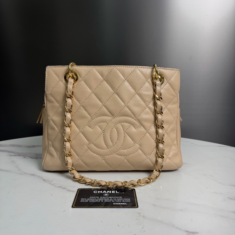 Chanel香奈兒14開奶茶色金色五金荔枝紋牛皮GSP手提單肩斜挎包，尺寸24.5×18cm 附件：卡-0