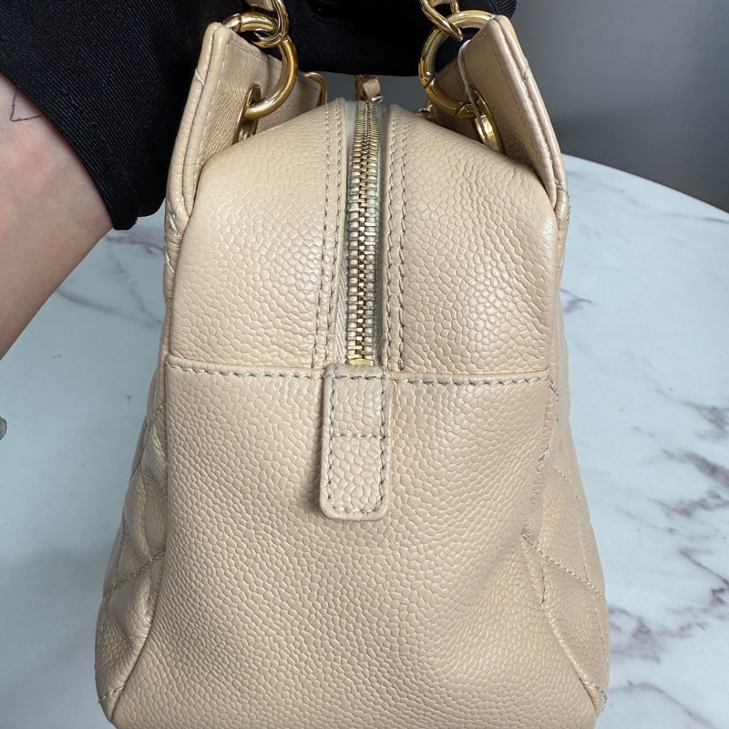 Chanel香奈兒14開奶茶色金色五金荔枝紋牛皮GSP手提單肩斜挎包，尺寸24.5×18cm 附件：卡-7