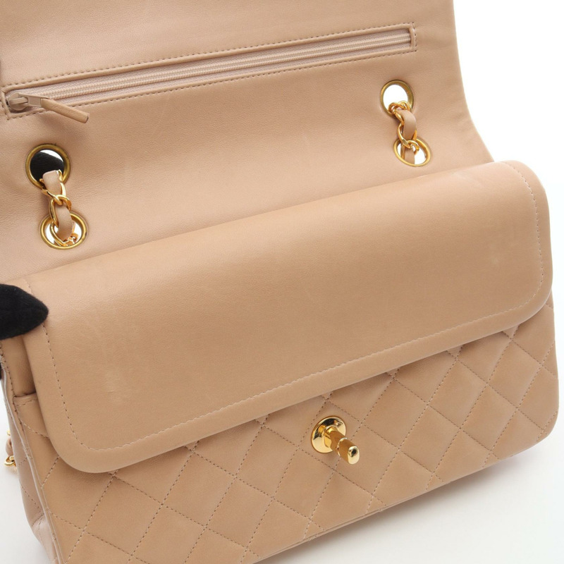 香奈兒 (CHANEL) 絎縫雙蓋鏈條肩背包，羊羔絨米色，金色五金，二手-5