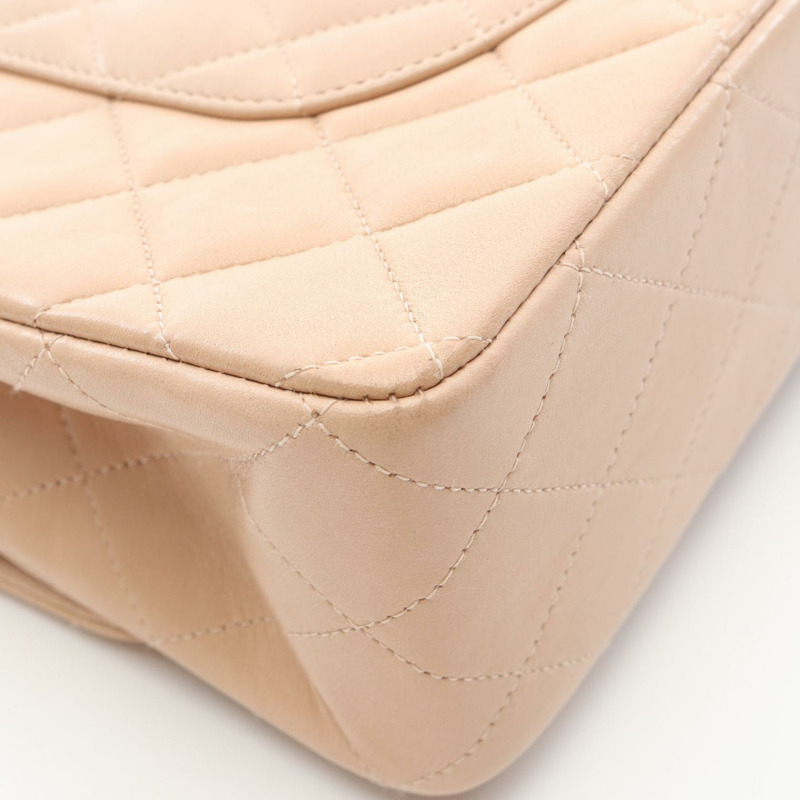 香奈兒 (CHANEL) 絎縫雙蓋鏈條肩背包，羊羔絨米色，金色五金，二手-8