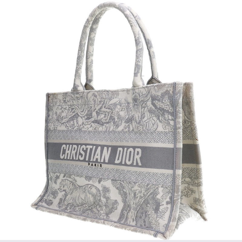 98新DIOR迪奧 BookTote中號茹伊印花老虎圖案 刺繡 托特包Tote包購物袋手提包灰色-1