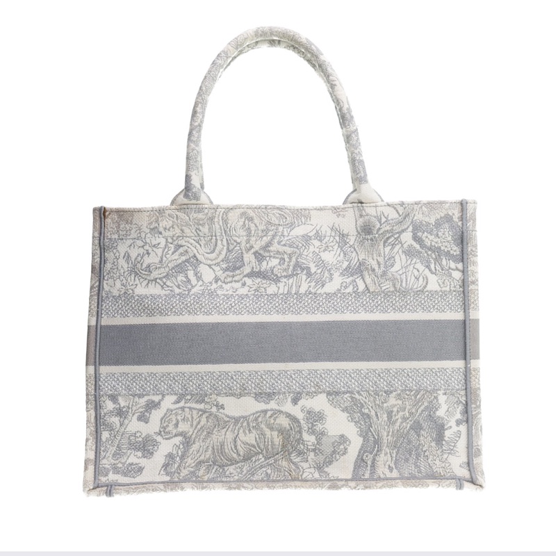 98新DIOR迪奧 BookTote中號茹伊印花老虎圖案 刺繡 托特包Tote包購物袋手提包灰色-2