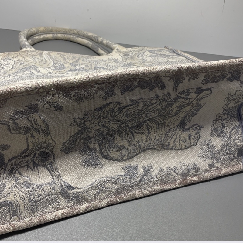 98新DIOR迪奧 BookTote中號茹伊印花老虎圖案 刺繡 托特包Tote包購物袋手提包灰色-4