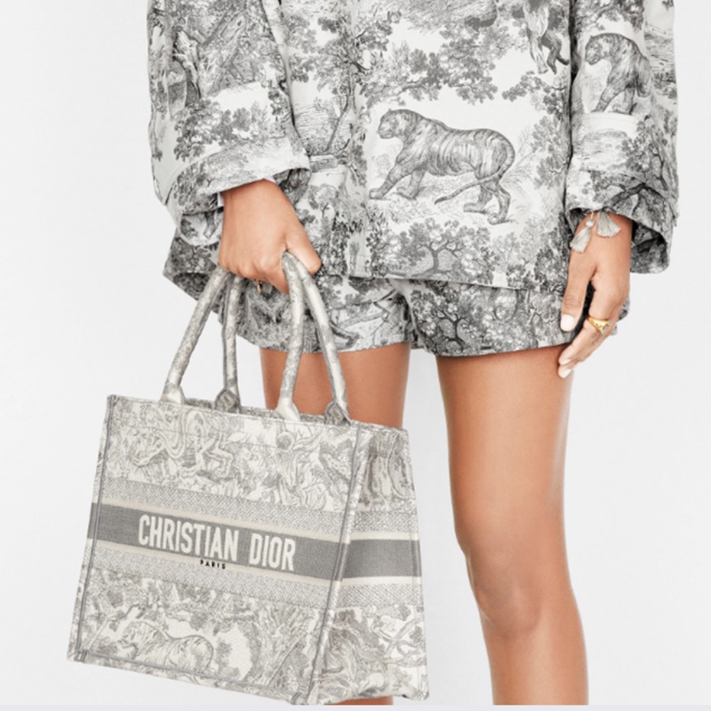 98新DIOR迪奧 BookTote中號茹伊印花老虎圖案 刺繡 托特包Tote包購物袋手提包灰色-11