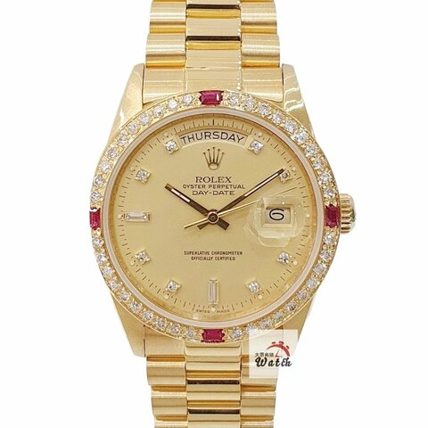 【大眾名錶】ROLEX勞力士18038 Day-Date 18K金 紅蟳錶 原廠金色6.9T鑽面盤 大眾名錶B1266