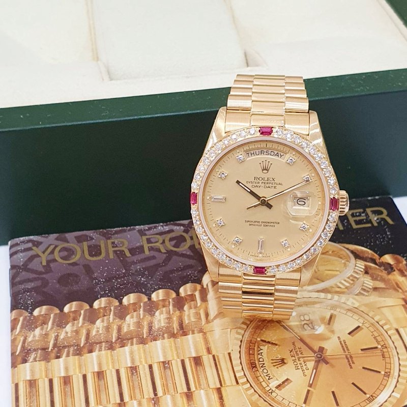 【大眾名錶】ROLEX勞力士18038 Day-Date 18K金 紅蟳錶 原廠金色6.9T鑽面盤 大眾名錶B1266-1