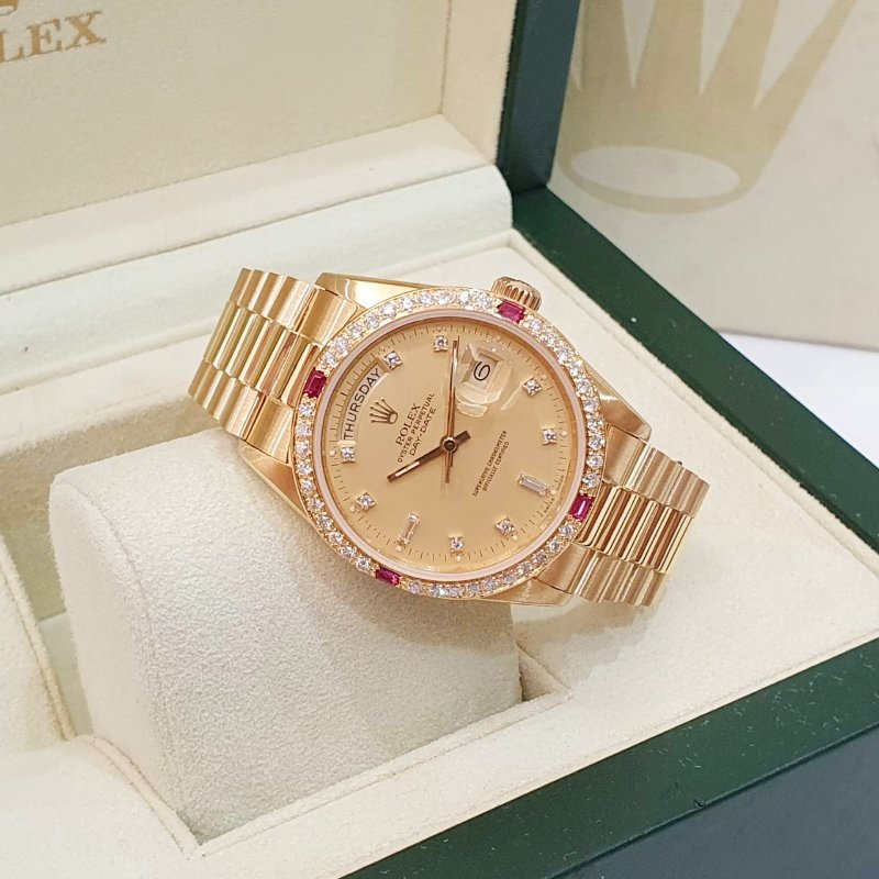 【大眾名錶】ROLEX勞力士18038 Day-Date 18K金 紅蟳錶 原廠金色6.9T鑽面盤 大眾名錶B1266-2