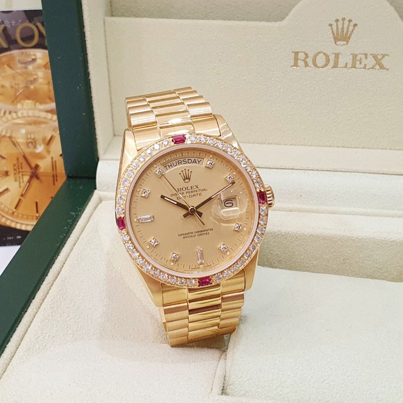 【大眾名錶】ROLEX勞力士18038 Day-Date 18K金 紅蟳錶 原廠金色6.9T鑽面盤 大眾名錶B1266-3