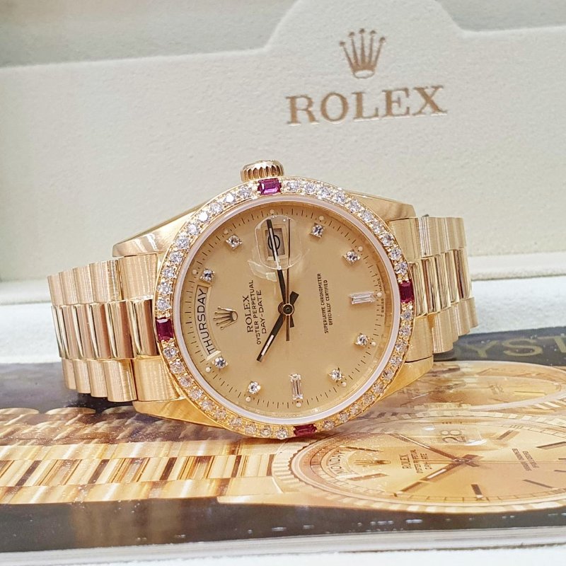 【大眾名錶】ROLEX勞力士18038 Day-Date 18K金 紅蟳錶 原廠金色6.9T鑽面盤 大眾名錶B1266-4