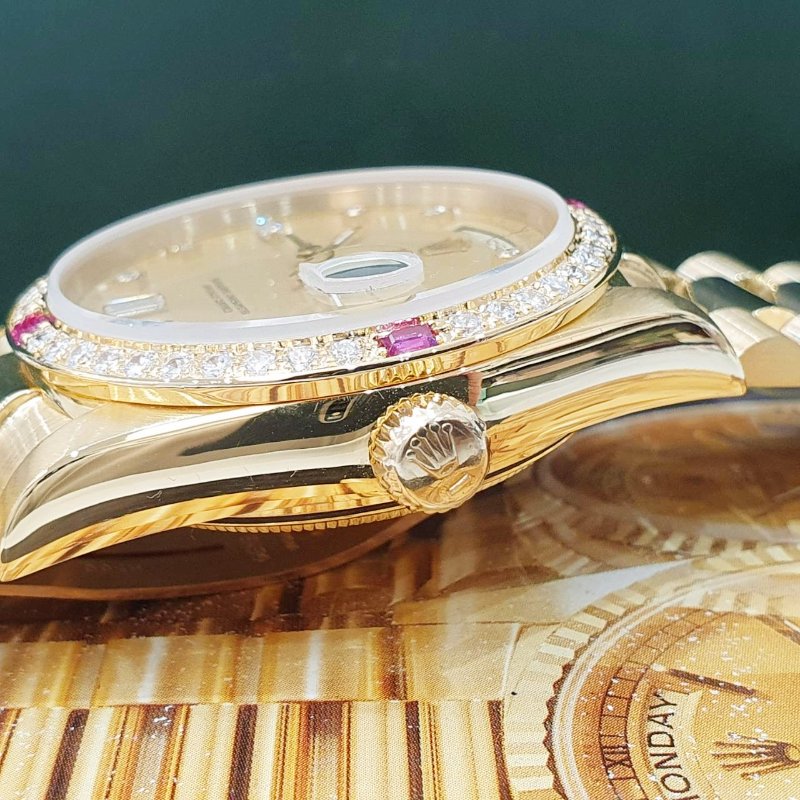 【大眾名錶】ROLEX勞力士18038 Day-Date 18K金 紅蟳錶 原廠金色6.9T鑽面盤 大眾名錶B1266-5