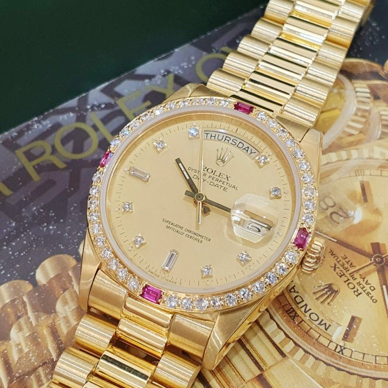 【大眾名錶】ROLEX勞力士18038 Day-Date 18K金 紅蟳錶 原廠金色6.9T鑽面盤 大眾名錶B1266-8