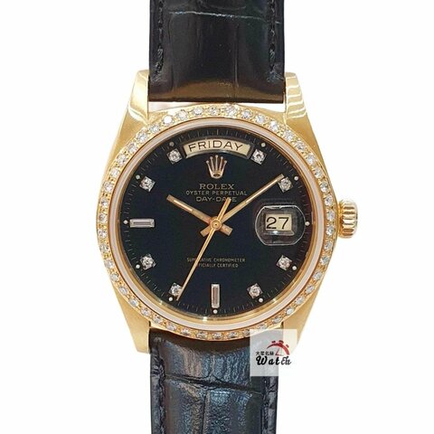 【大眾名錶】ROLEX勞力士18038 Day-Date 18K金男錶 黑色6.9T鑽面盤 後加全鑽圈 大眾名錶G251