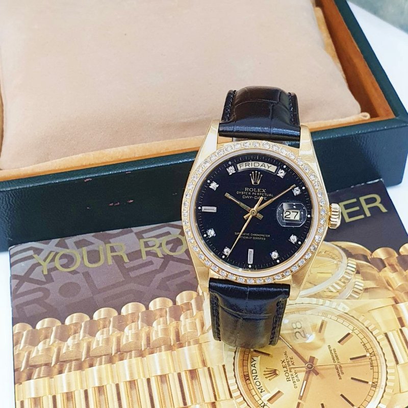 【大眾名錶】ROLEX勞力士18038 Day-Date 18K金男錶 黑色6.9T鑽面盤 後加全鑽圈 大眾名錶G251-1