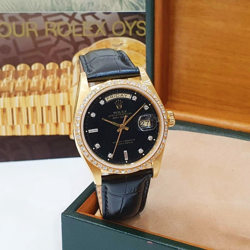 【大眾名錶】ROLEX勞力士18038 Day-Date 18K金男錶 黑色6.9T鑽面盤 後加全鑽圈 大眾名錶G251-3
